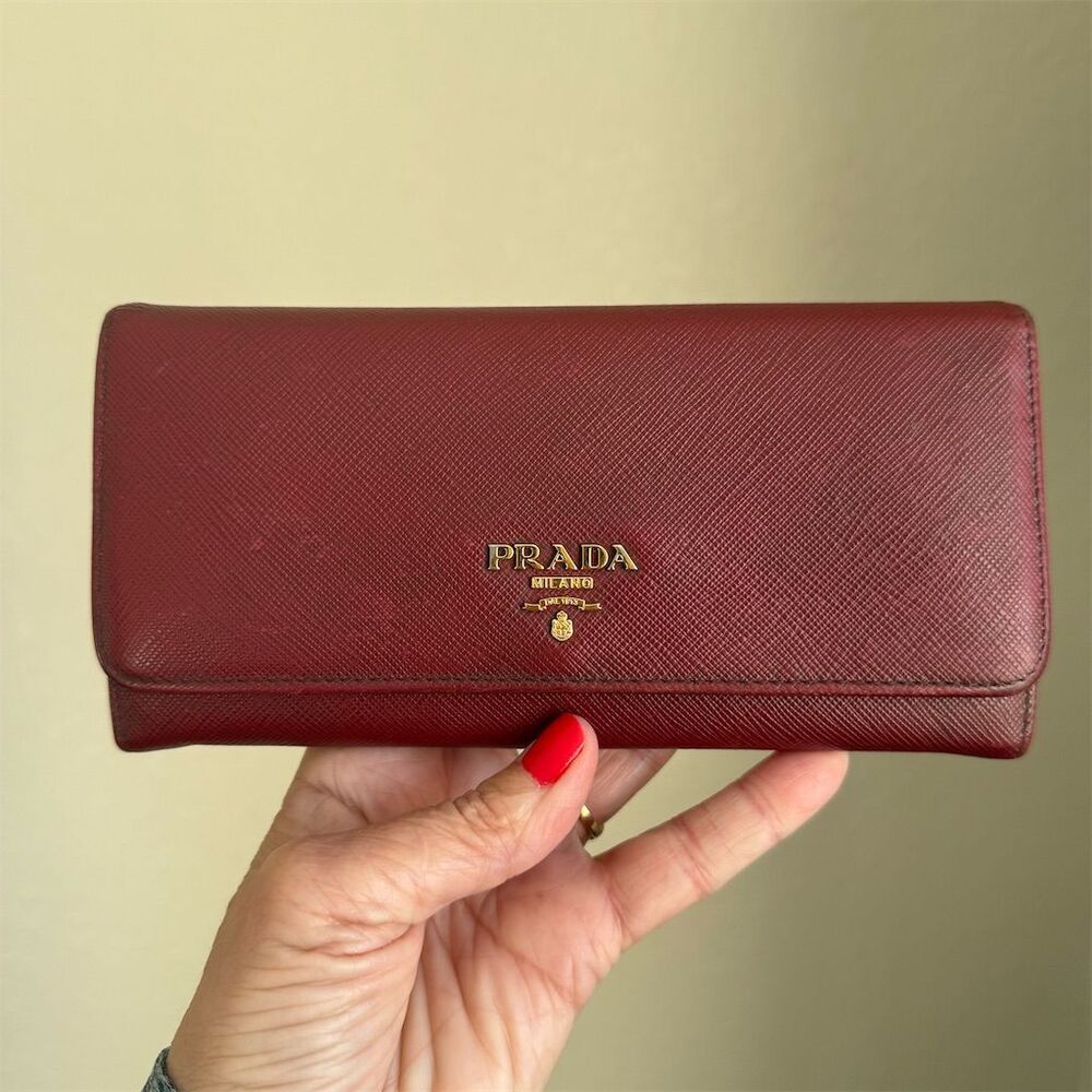 Prada Women's Red Saffiano Leather Long Wallet with COA